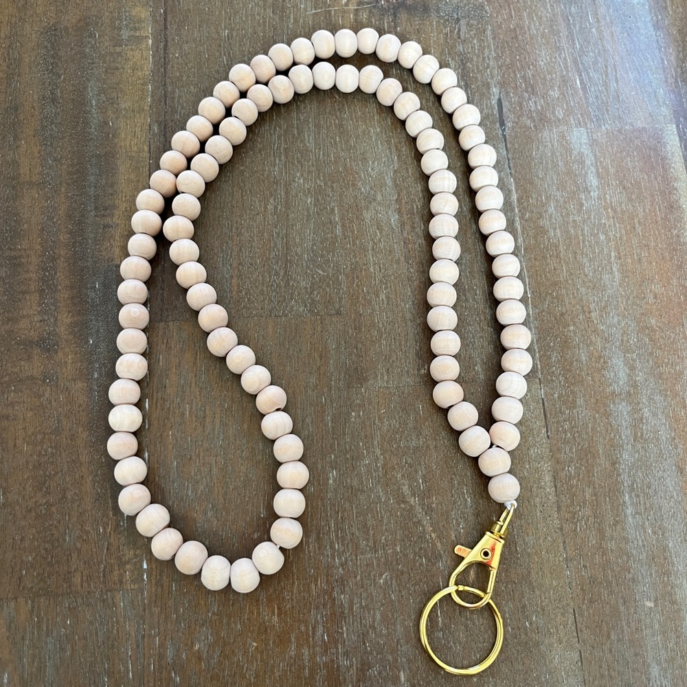 Wooden Bead Lanyard with Gold Clip